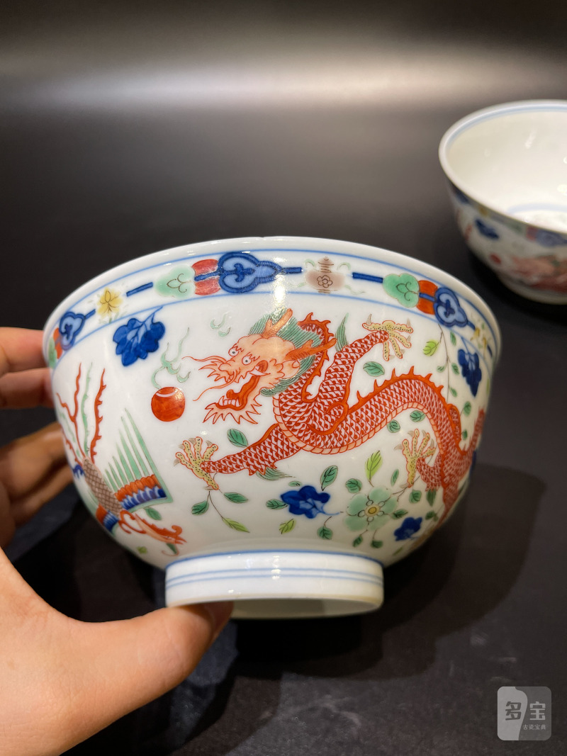 清光绪 青花五彩龙凤纹碗一对 - 图7